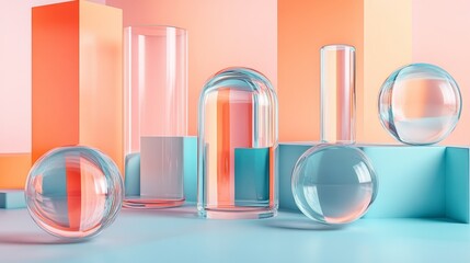 Wall Mural - geometric shapes and glass objects arranged on pastel colored surfaces
