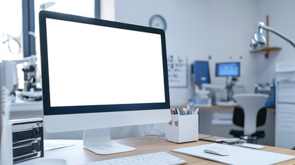 a stylish computer monitor with a white screen stands on a wooden table in a clean, organized office