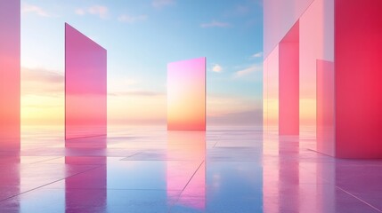 Wall Mural - Abstract architectural structures reflect sunset hues in open serene space