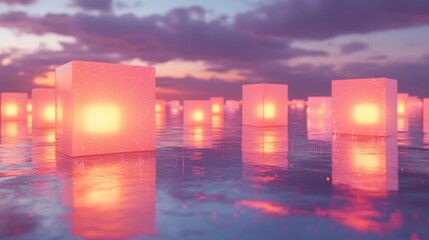Wall Mural - Glowing cubes reflecting in watery surface beneath a cloudy evening sky