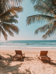 Aufkleber - Relaxing at a serene beach with sun loungers under palm trees and gentle waves, perfect for leisure and unwinding