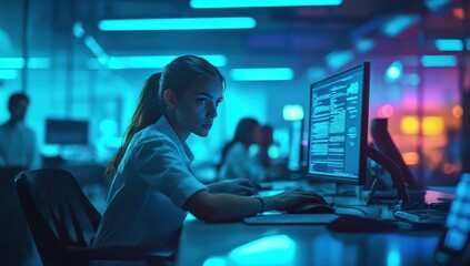 Focused female programmer coding late at night in a modern office.