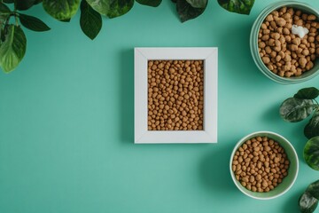 Poster - Pet accessories and food in a colorful layout for a vibrant and welcoming pet store banner design featuring playful items and fresh greenery