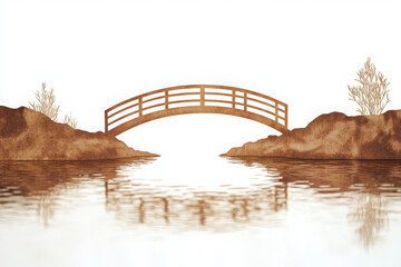 Wall Mural - Serene sepia-toned landscape with a wooden bridge arching over a calm reflective water body, surrounded by minimalistic foliage.