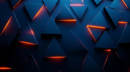 Wall Mural - geometric pattern of dark blue triangles with glowing orange accents