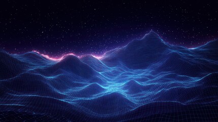 Futuristic Digital Wave Background with Moving Particles and Neon Lines for Big Data Visualization