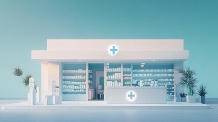 Split-view pharmacy layout showing exterior and interior zones, animated service bubbles floating in organized grid, prescription counter highlighted with subtle glow, clean architectural details in