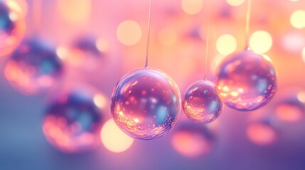Wall Mural - Floating spheres reflect colorful light with blurred circular background elements