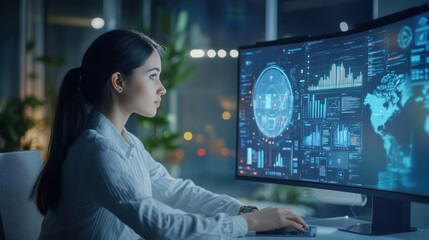 Woman focused on advanced computer interface