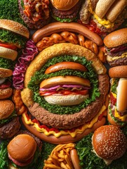 Poster - Delicious array of burgers and hot dogs arranged in golden ratio spiral for summer cookout gathering