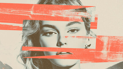 Aufkleber - woman in modern fashion is blended with surreal collage elements, featuring abstract red brushstrokes across her face, creating dynamic and artistic composition