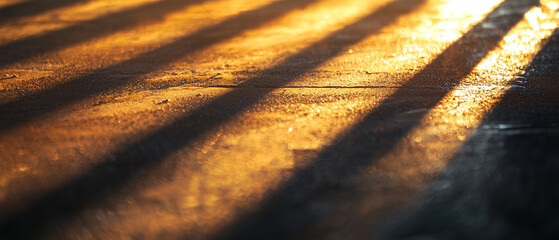 Poster - Golden hour light casts long shadows on textured sand background, creating warm and serene atmosphere