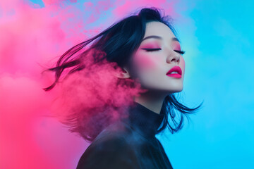 Aufkleber - woman with vibrant makeup stands amidst swirling clouds of pink and blue powder, creating dynamic an
