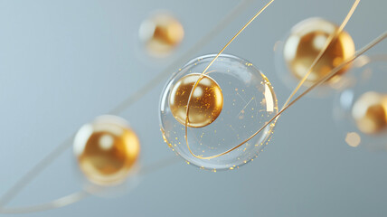 Poster - Golden spheres encased in transparent bubbles float gracefully against soft background, creating minimalist abstract composition with sense of elegance and tranquility