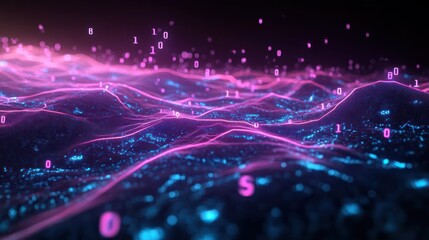Futuristic Digital Landscape with Neon Colors and Data Flow