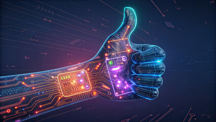Poster - glowing cybernetic hand with neon circuits gives thumbs up, symbolizing futuristic technology and innovation. vibrant colors and intricate design highlight advanced digital world