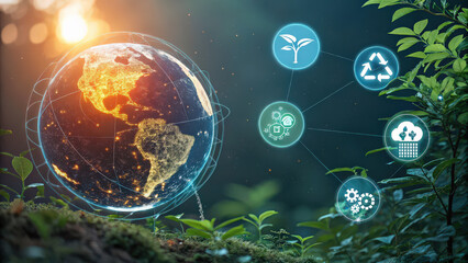Aufkleber - glowing Earth surrounded by eco friendly icons represents global environmental sustainability and innovation