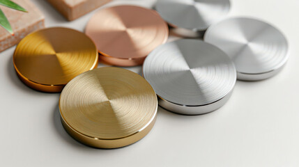 Poster - collection of six metallic circular buttons with brushed finish, featuring gold, silver, and copper tones, arranged on light surface
