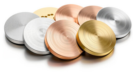 Leinwandbilder - collection of six metallic circular buttons with brushed finish, featuring various colors including silver, gold, and copper, arranged in overlapping pattern