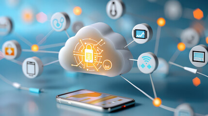 Leinwandbilder - futuristic cloud computing network with glowing digital lock symbolizing data security and connectivity, surrounded by various technology icons