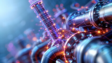 Poster - futuristic digital wireframe rendering of industrial network with glowing connections and metallic pipes, showcasing advanced technology and innovation