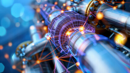 Fototapete - futuristic digital wireframe rendering of industrial pipeline system with glowing nodes and connections, showcasing advanced technology and innovation