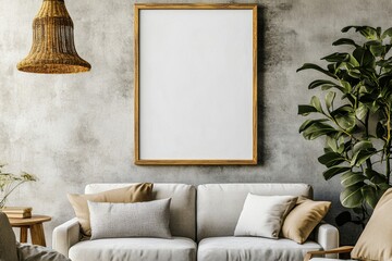 Poster - Cozy minimalist living room featuring a blank white painting in a wooden frame against a textured wall with modern furnishings