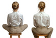 © PeoplePNG - woman in beige pants and white shirt sitting on a stool, back view on white background
