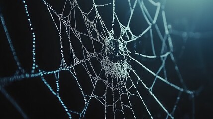 Close-up of a dewy spiderweb at night.