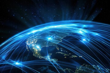 Leinwandbilder - Night view of planet Earth showcasing light lines representing global communication networks and connections across continents