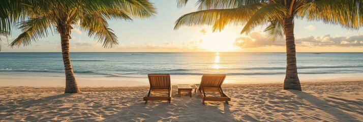 Poster - Serene beach getaway with sun loungers under palm trees and calm sea at sunset