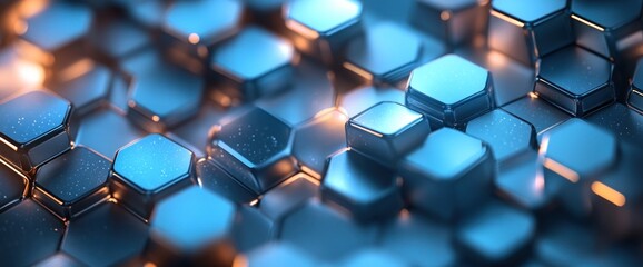Wall Mural - futuristic honeycomb structure with shimmering blue and orange lights and precise geometric patterns