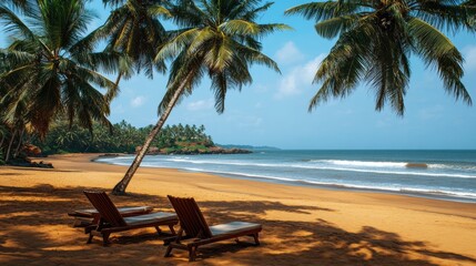 Poster - Serene beach landscape featuring sun loungers, calm sea, and warm sands under palm trees on a sunny day