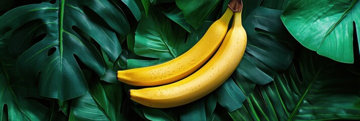 Leinwandbilder - Bananas complementing vibrant tropical leaves in natural light with an appealing aesthetic and harmonious colors