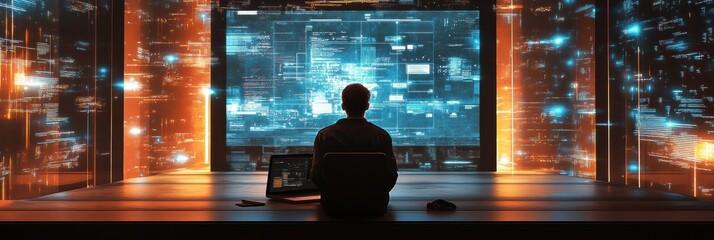 Leinwandbilder - Student engages with AI powered virtual learning environment while sitting at laptop in a modern study space