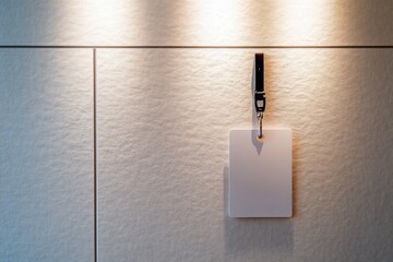 Poster - Minimalist work badge hanging on textured office wall in soft lighting with balanced composition
