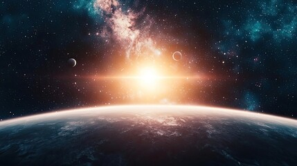 Wall Mural - dark sky concept. stunning cosmic view of planets and a rising sun over earth in the vast universe.