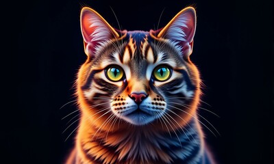  A tabby cat with green eyes is illuminated by light.