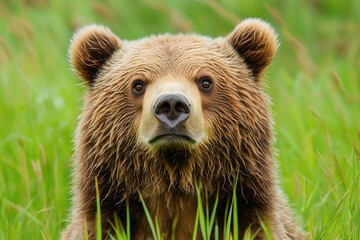 close up portrait of a majestic brown bear with fur detail looking directly at the camera in a grass