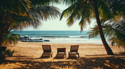 Aufkleber - Relaxing beach getaway with sun loungers under palm trees and calm ocean waves on warm golden sands