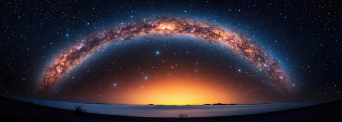dark sky idea. a breathtaking view of the galaxy arching over a serene landscape at sunset.
