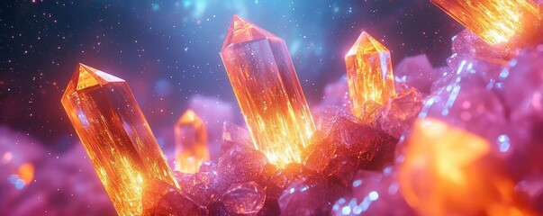 Wall Mural - 3d abstract art background idea. vibrant orange crystalline structures reflecting light in an ethere