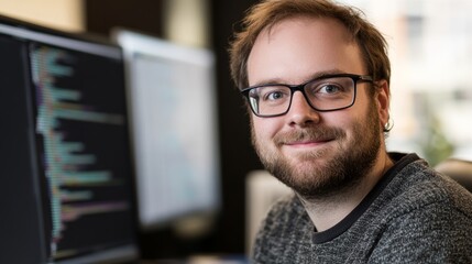 Focused programmer in casual attire, deep in thought, with a dramatic side light. Capturing the essence of concentration and creativity in modern w
