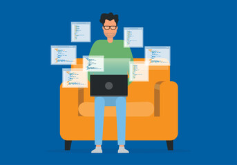 Poster - freelance software development working from home on the sofa. a man coding and programming for mobile application and website development concepts. flat vector illustration design.
