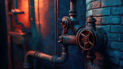 Wall Mural - industrial pipework: close-up of rusty valve and brick wall