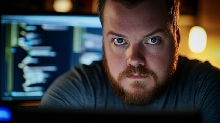 Focused programmer in casual attire, deep in thought, with a dramatic side light. Capturing the essence of concentration and creativity in modern w
