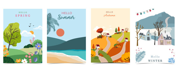 Wall Mural - four season holiday landscape background with mountain and tree for a4 vertical design
