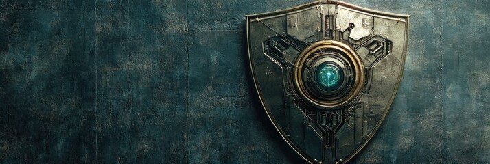 Leinwandbilder - Cybernetic shield featuring robotic eye symbolizes AI in cybersecurity with space for text in a balanced composition