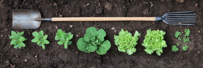 Aufkleber - Garden tools lie beside a growing bed of young plants ready for care in late spring