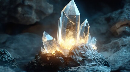 Wall Mural - luminous crystal cave: a glowing gemstone in the dark